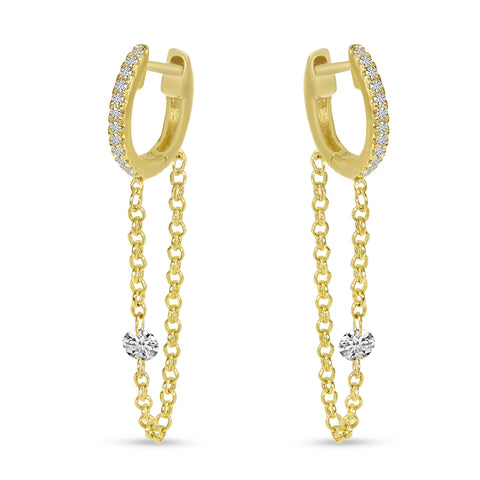 14K Yellow Gold Dangle Chain Huggies with Dashing Diamond