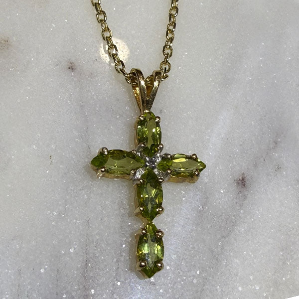 14K White Gold Peridot Cross Pendant & Chain