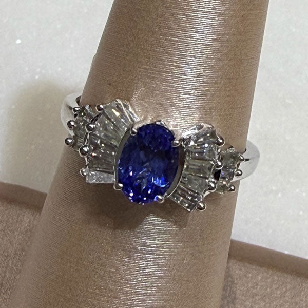 14K White Gold Tanzanite & Diamond Baguette Ring