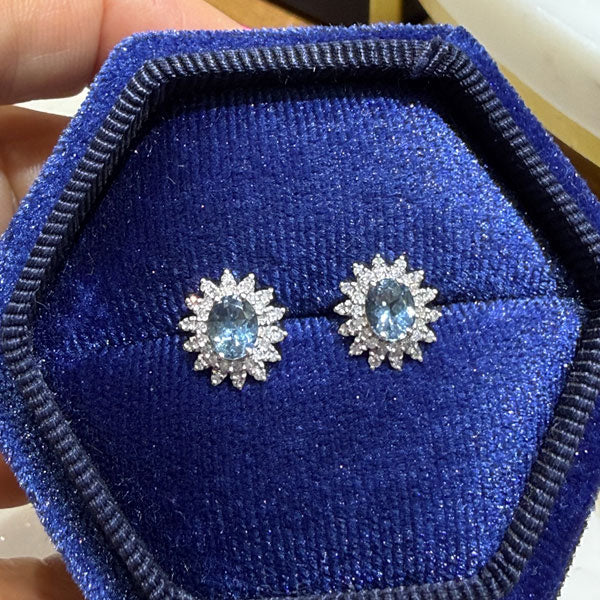 14K White Gold Aquamarine Earrings with Diamond Halo