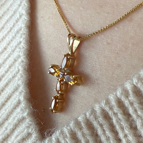 14K White Gold Cross Citrine Pendant & Chain