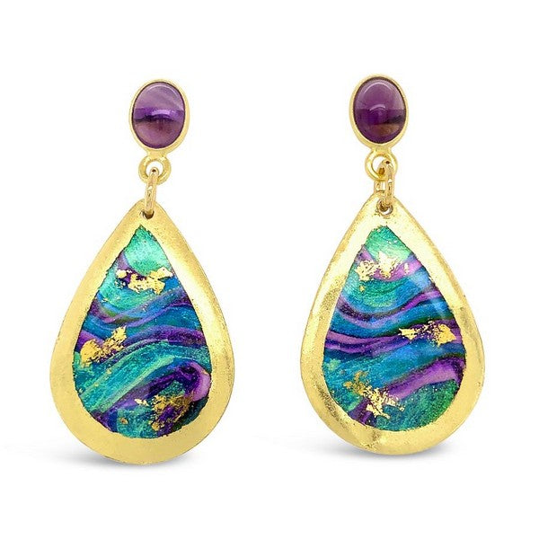 Abalone Small Teardrop Earrings With Amethyst Post