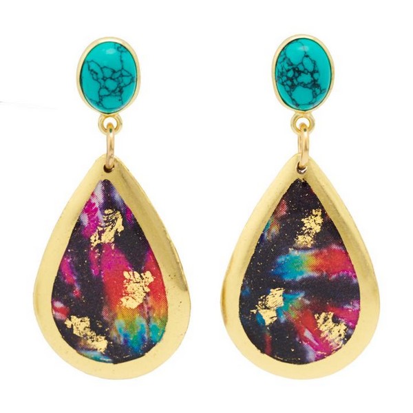 Tie Dye Noir Small Teardrop Earrings With Turquoise Post