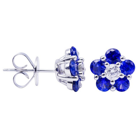 18K Blue Sapphire Stud Earrings With Diamonds