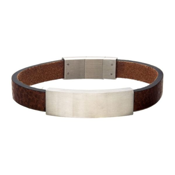 Brown Leather with Stainless Steel Engravable ID Bracelet