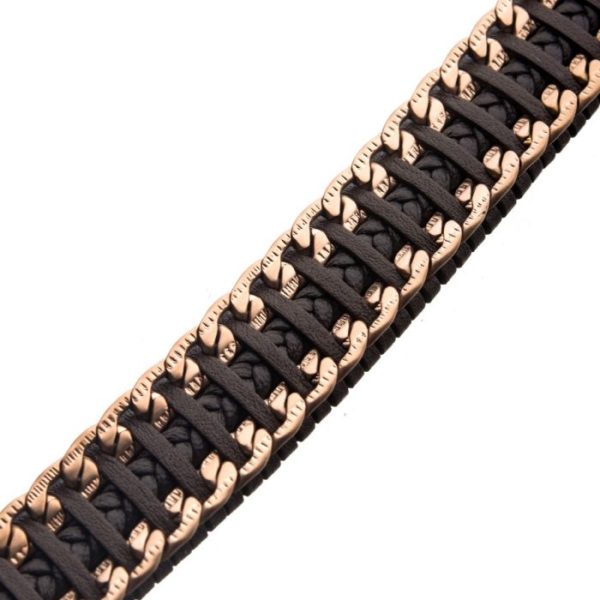 Brown & Black Weave Leather with Rose Gold Chain Bracelet