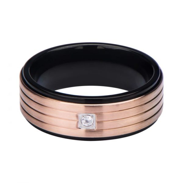 Two-tone Black Plated and Rose Gold Plated in 3 Lines with Clear Gem Top Ring
