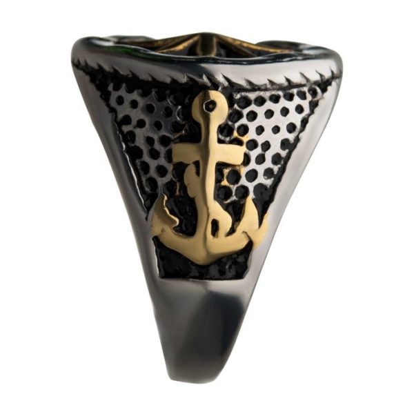 Stainless Steel Gold Plated and Black Oxidized Vintage Anchor and Compass Signet Ring