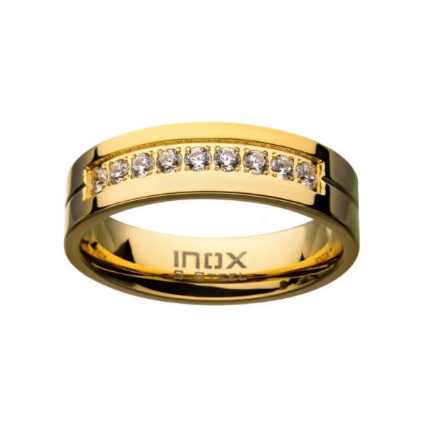 Gold PVD Plating Polished Steel Comfort-Fit Band with CZ's in Bead Channel Setting Ring