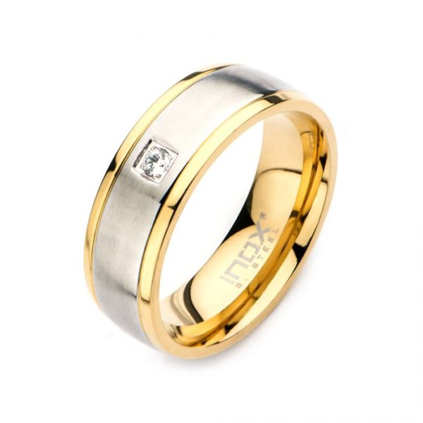Steel and Gold Plated with Clear CZ Polished Ring
