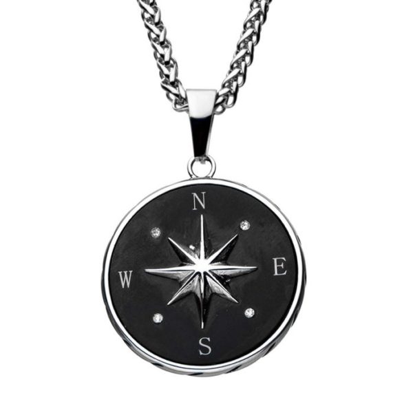 Stainless Steel and Black Plated Compass Pendant with Chain