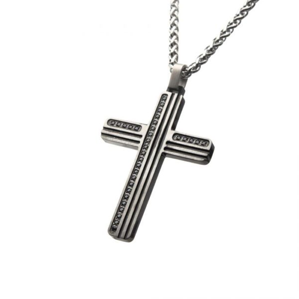 Black Oxidized Steel Cross Pendant with Black CZs & Steel Wheat Chain