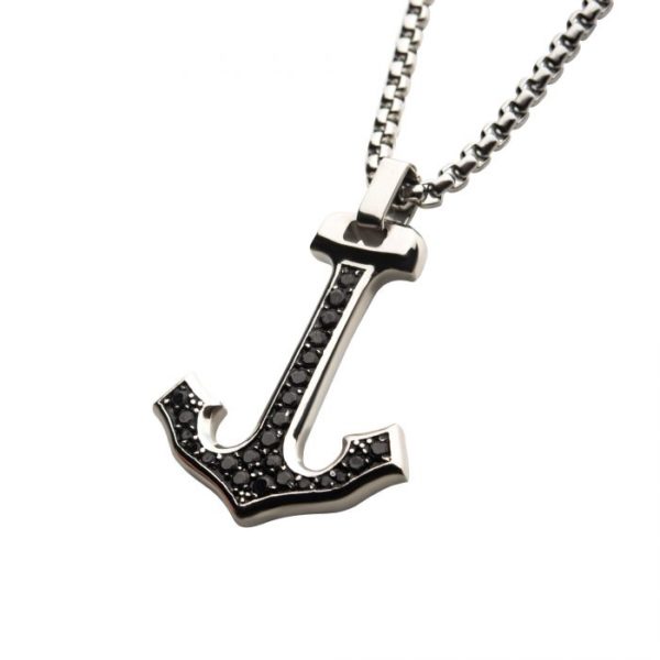 Steel Anchor Pendant with Black CZ Inlay, with Steel Box Chain
