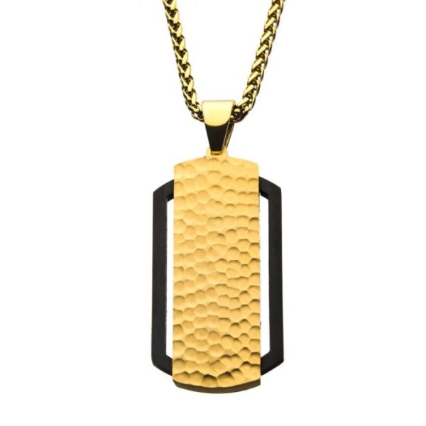 Black IP Cut Out Frame with Gold IP Hammered Dog Tag Pendant with Gold IP Chain