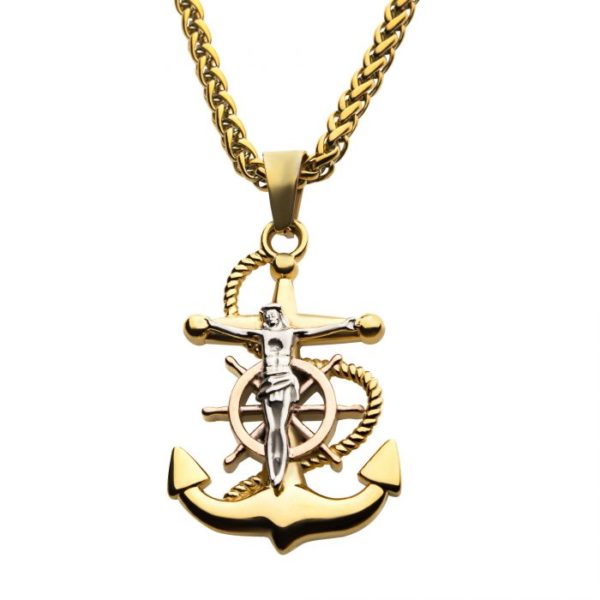 18K Gold Plated Anchor with Silver Plated Jesus Steel Pendant, with 18K Gold Plated Wheat Chain