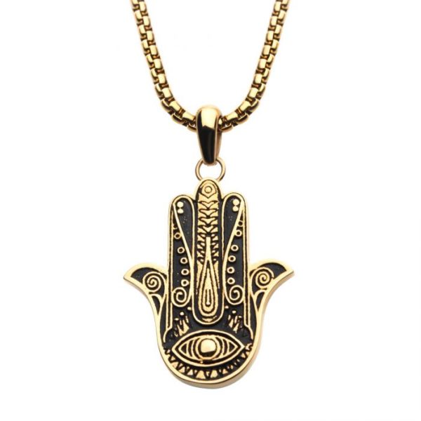 Gold Plated with Hamsa Pendant, with Gold Plated Bold Box Chain
