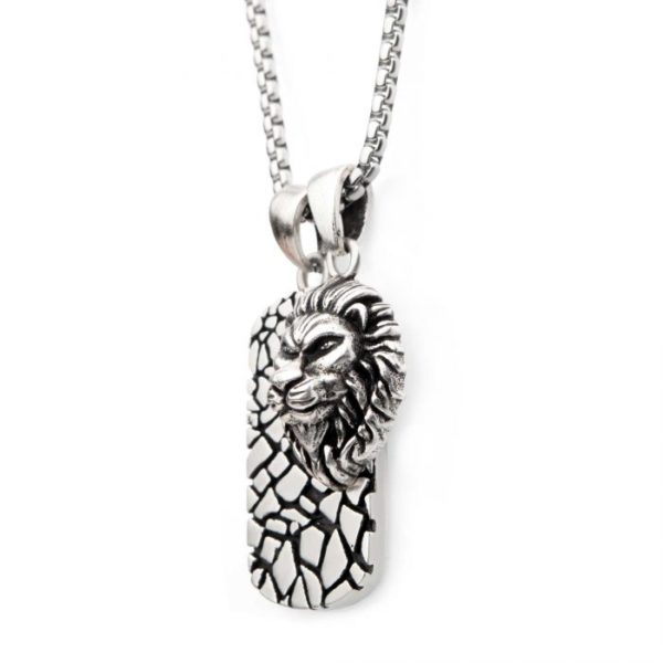 Stainless Steel with 3D Lion Head Dog Tag Pendant, with Antique Silver Plated Chain