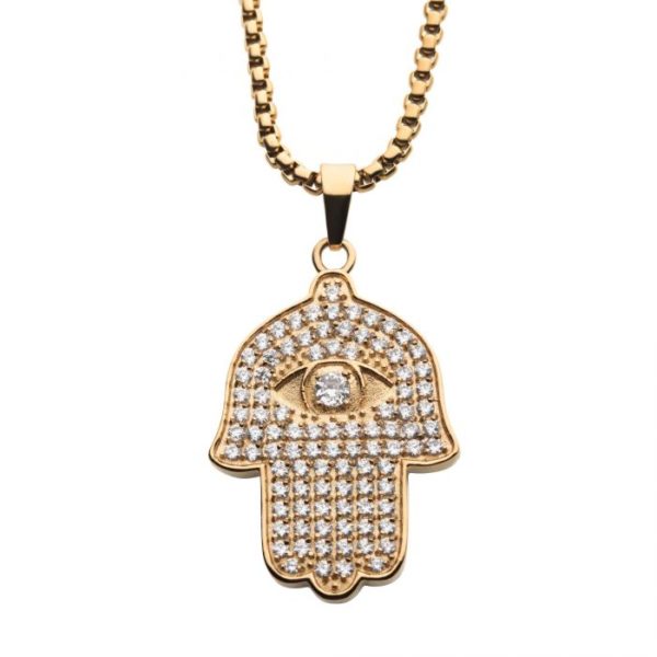 18K Gold Plated with 94pcs CNC Prong Set Clear AAA CZ Hamsa Pendant, with Gold Plated Box Chain